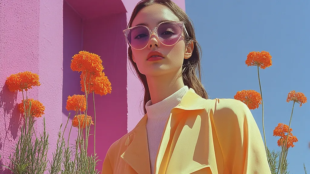 urban sports fashion photography, colorful plants matching with model clothes, nice perspective, cinematic wide shot, Nikon 35mm, --sref 3228494225 --ar 16:9 --v 6.1 --stylize 1000