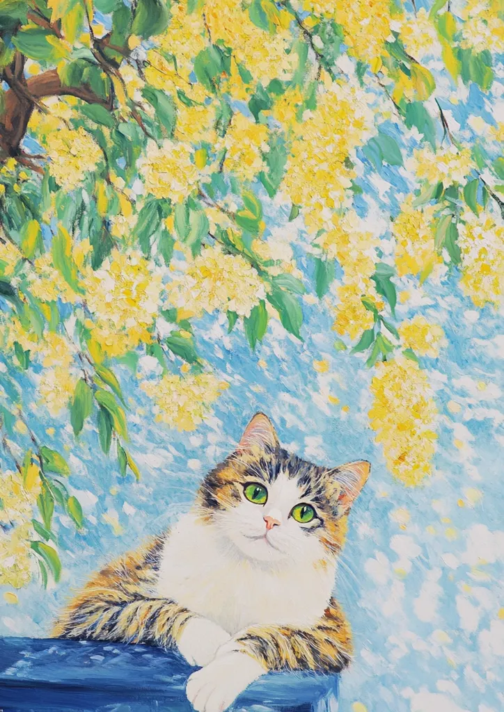 A painting of a white and brown tabby cat with green eyes, sitting on a blue surface. The cat is looking up towards a tree branch filled with small yellow flowers. The background of the painting is a soft blue and white with specks of yellow. The painting appears to be created in oil on canvas.