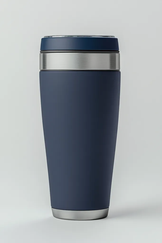 A navy blue and silver travel mug sits on a white surface. The mug has a sleek design with a smooth, matte finish. The silver lid and base add a subtle contrast to the dark blue color. The mug is tall and slender, perfect for carrying your favorite beverage on the go.