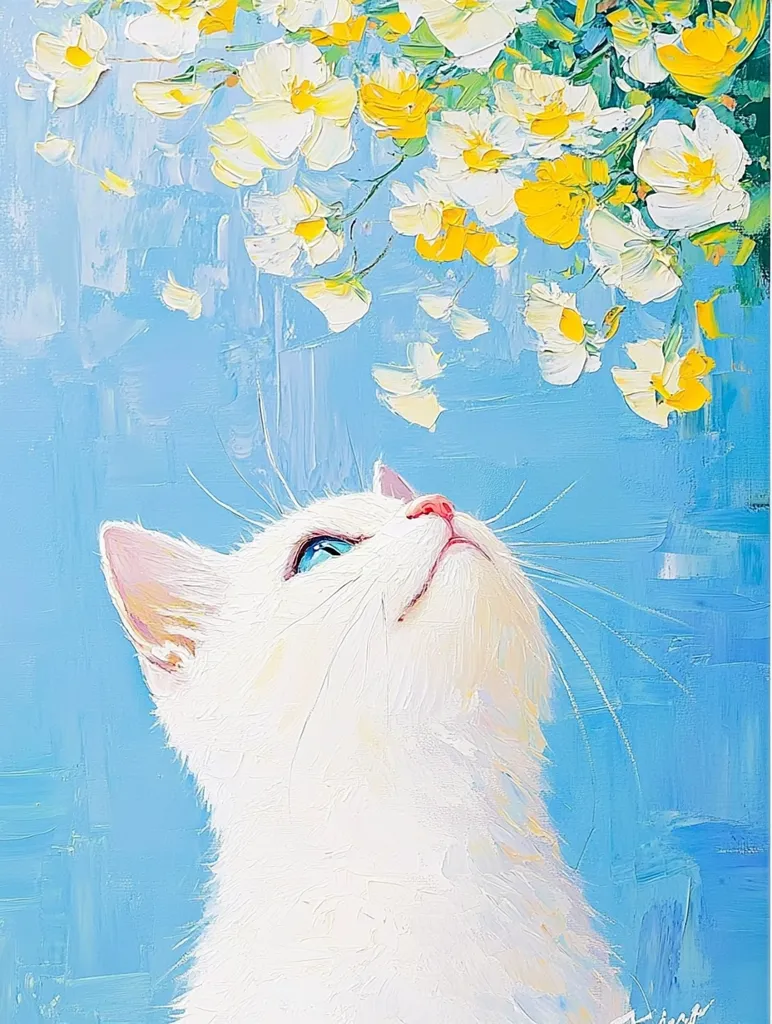 The painting features a white cat with blue eyes, looking up towards a cluster of white and yellow flowers. The flowers are depicted in a loose, impressionistic style, with petals falling down towards the cat. The background is a vibrant blue, creating a sense of airiness and light. The overall mood of the painting is one of gentle curiosity and joy. The artist's use of bold colors and brushstrokes creates a dynamic and lively composition.