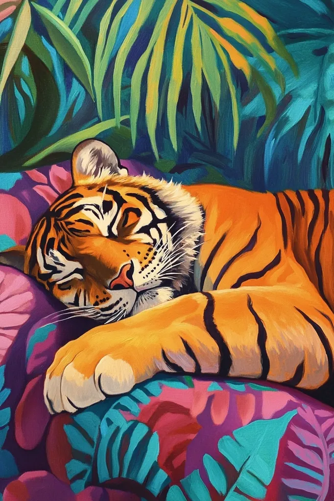 A tiger with orange and black stripes sleeps on a bright pink and blue patterned cushion. The tiger’s eyes are closed and it rests its head on its paw. The tiger’s fur is soft and fluffy, and the cushion is plush and comfortable. Lush green tropical leaves fill the background.  The painting has a vibrant and colorful style, creating a sense of peace and tranquility.