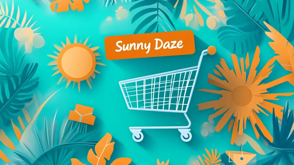 The image is a colorful and vibrant illustration featuring a shopping cart, two suns, and tropical leaves on a turquoise background. The text "Sunny Daze" is in a bright orange box. The design uses paper cut-out style with shadow effects for a playful and summery vibe.