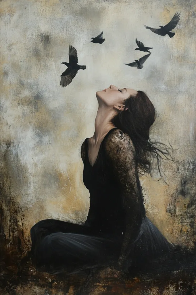 A woman in a black dress sits with her head tilted back, her eyes closed. She appears to be looking up at a flock of birds flying in the sky above her. The background is a muted brown and yellow, and the overall feeling of the painting is one of peace and tranquility.