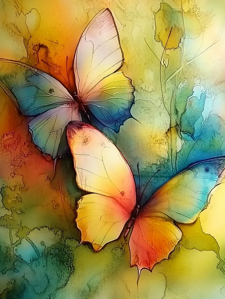 Two butterflies are depicted in a watercolor painting, with one in front of the other. The butterfly in the back is primarily a blue, green and purple color, while the butterfly in front is a yellow, orange and pink color. The background features an abstract, leafy, green, blue and yellow design.