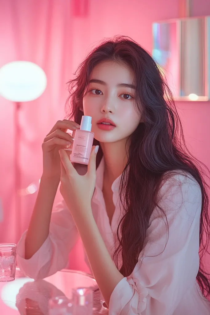 A young woman with long dark hair is sitting in a pink room. She is wearing a white blouse and is holding a bottle of skincare product. The room is lit with pink lights, creating a soft and romantic atmosphere.  The woman's expression is calm and serene, suggesting that she is enjoying the moment.  The focus of the image is on the woman's beauty and the luxurious product she is holding.