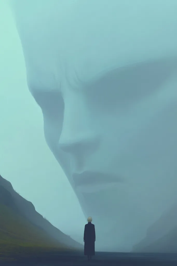 A solitary figure stands in a misty valley, dwarfed by an enormous, imposing face looming above. The face is formed from the surrounding fog and clouds, its features indistinct yet ominous. The figure's small size and the vastness of the face create a sense of awe and vulnerability. The scene evokes a feeling of mystery and the unknown.