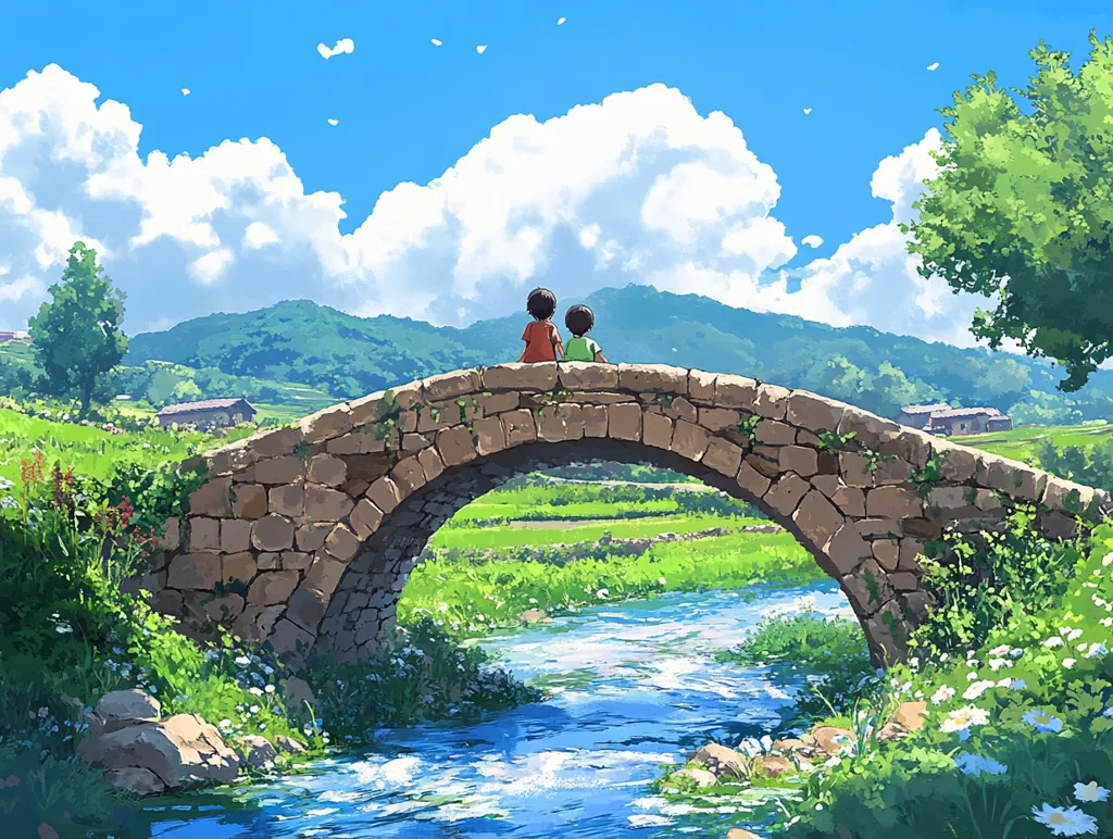 The image depicts a picturesque scene of a stone arch bridge spanning a tranquil river, with two figures sitting on the bridge, gazing at the idyllic scenery. Lush green hills, a vibrant blue sky with fluffy white clouds, and a scattering of wildflowers add to the charm of this tranquil landscape. The gentle flow of the river and the serene atmosphere create a sense of peace and tranquility.