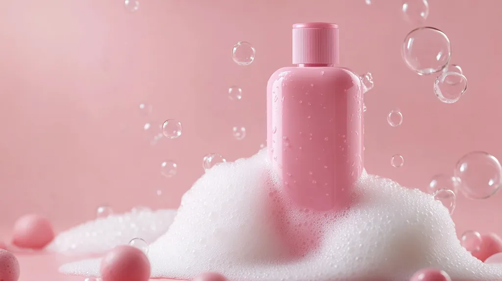 A pink bottle of body wash is surrounded by white fluffy bubbles. The bottle is half submerged in the bubbles, which are floating around it. The background is a light pink. The image evokes a sense of cleanliness and freshness, typical of a product for personal hygiene.