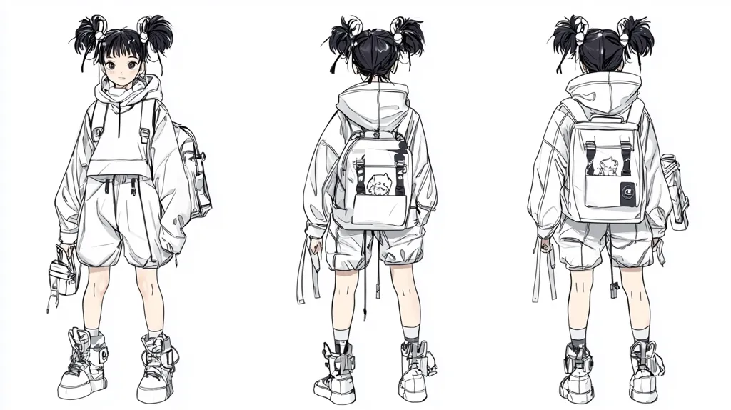 The image is a line drawing of a young girl in an all-white outfit. She is wearing a hoodie, shorts, and chunky sneakers. She has a backpack with a small cat on the front pocket and a smaller bag in her hand.  She is shown in three different poses, facing forward, backward, and sideways. The drawing is simple but expressive, with a focus on the clothing and accessories.  The lines are clean and confident, creating a sense of movement and energy.