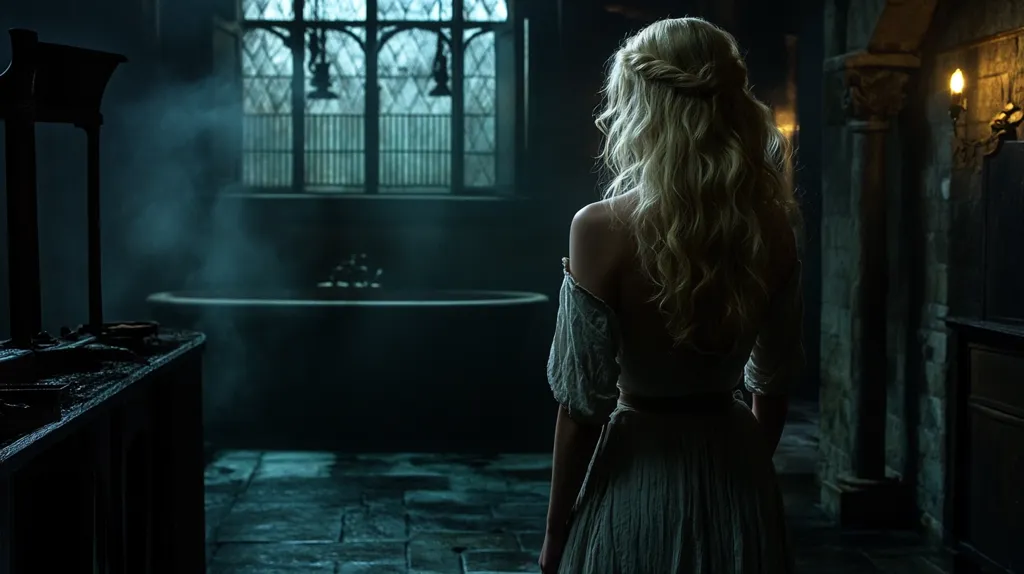 A woman with long, blonde hair stands in a dimly lit room, facing away from the camera. She is wearing a white, flowing dress and her hair is braided. A large window is behind her, and a bathtub fills the foreground, with steam rising from it. The room is dark and mysterious, with stone walls and a sense of foreboding.