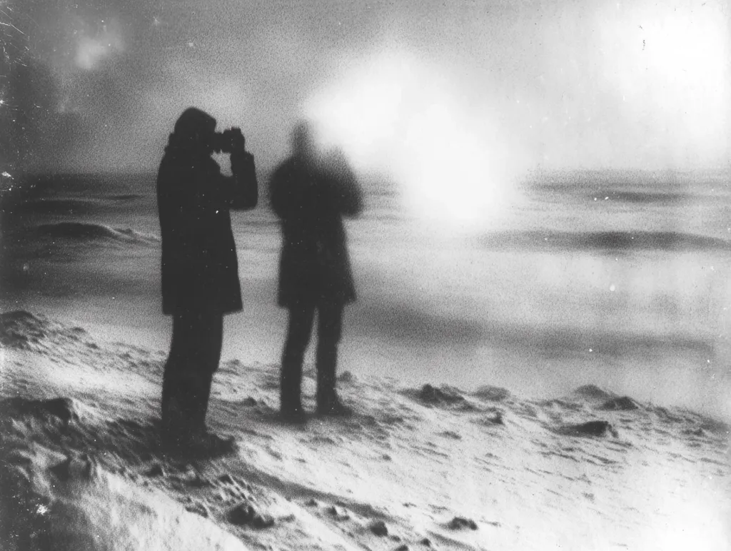 The image shows two figures standing on a snowy, windswept shore.  The figure on the left is clear, while the figure on the right is blurry and almost ghostly, as if blown by the wind. The background is out of focus and obscured by the elements, creating a sense of mystery and isolation. The grainy texture and overall low contrast of the image enhance the sense of age and timelessness.  The scene is likely captured in harsh, cold weather conditions.