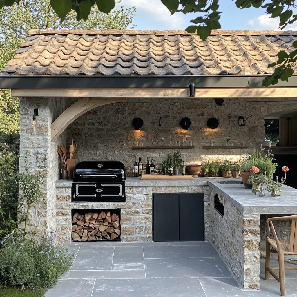 A modern outdoor kitchen built into a stone wall with a wood-fired grill, stone countertops, and black cabinets. The kitchen has a tiled roof and is surrounded by lush greenery. There is a wooden chair and a pile of firewood in the image. The kitchen is well-equipped for entertaining and cooking outdoors.