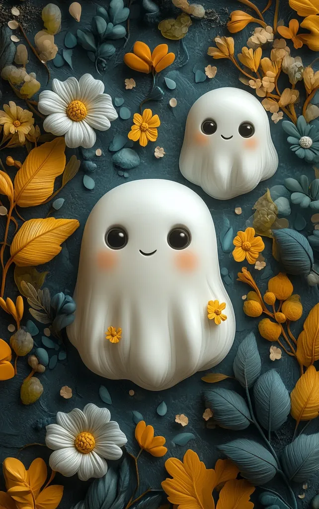 Two friendly-looking ghost figures made of clay are nestled among a bed of sculpted flowers. The ghosts are white with black eyes and smiles, and the flowers are yellow and white. The background is a dark blue, giving the image a whimsical and playful feel. The clay medium adds texture and detail to the scene.