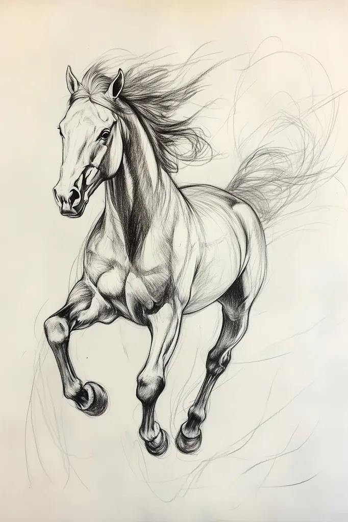 The image is a pencil drawing of a horse running. The horse's mane and tail are flowing in the wind. The drawing is done in a realistic style, with the horse's muscles and tendons clearly visible. The horse's eyes are wide open and its nostrils are flared, as if it is running at full speed. The background is simple, with just a few faint lines to suggest the motion of the horse. The drawing is very detailed and captures the power and grace of the animal. The artist used a variety of shading techniques to create depth and dimension.  The drawing is very impressive.