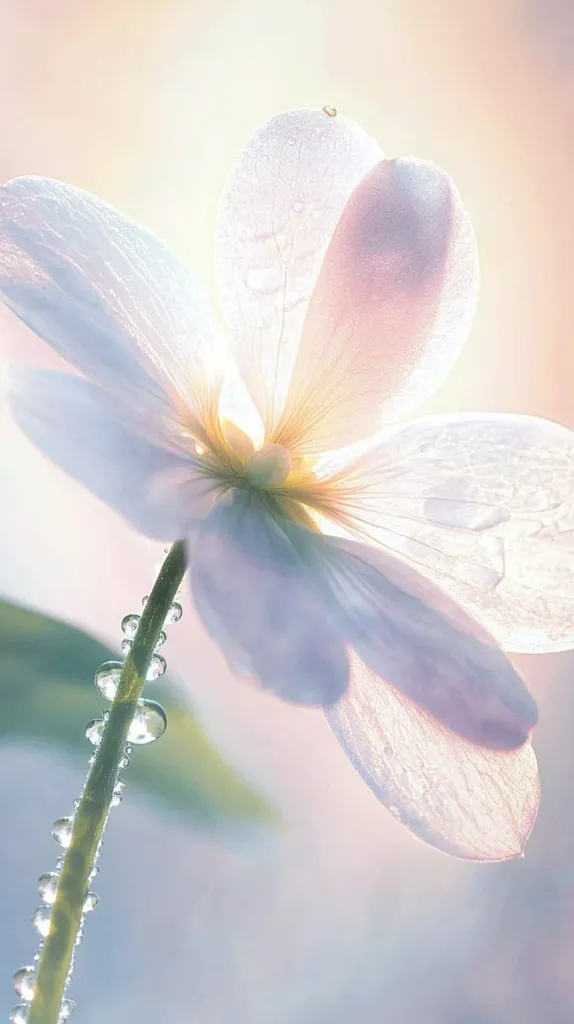 A delicate white flower with soft, translucent petals, illuminated by a gentle light. Its stem is adorned with glistening water droplets, creating a sense of serenity and ethereal beauty. The background is a soft blur of pastel colors, adding to the dreamy atmosphere. The image captures the fragile beauty of nature in a moment of quiet grace.