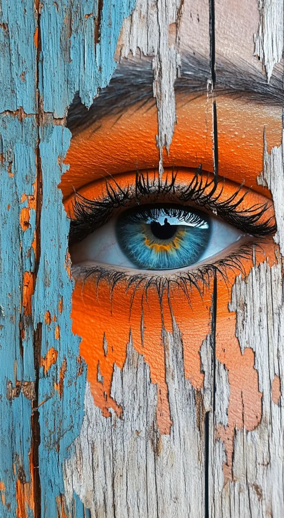 A close-up of a human eye, painted onto peeling, weathered wooden boards. The eye is a bright blue, with long dark eyelashes and orange eyeshadow.  The wooden boards are painted blue and orange, and are cracked and chipped, revealing the natural wood underneath. The image has a surreal, dream-like quality.