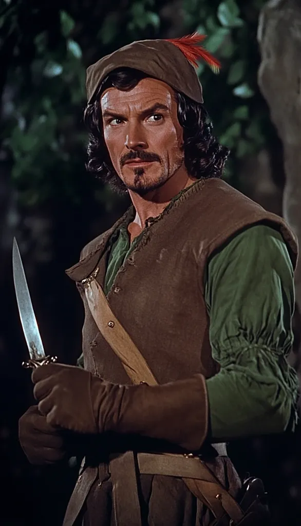 A man in a brown leather vest and green shirt, with dark hair and a serious expression, holds a dagger in his gloved hand. He wears a brown cap with a red feather. The background is blurred and suggests a forest setting. The image has a dramatic feel.