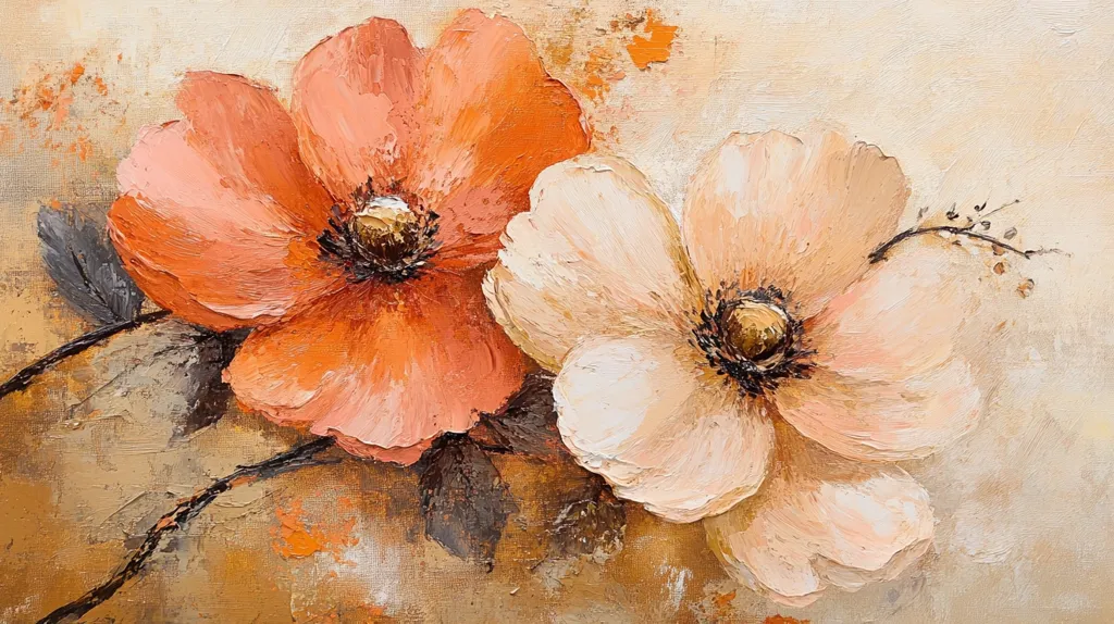 The image is a close-up painting of two flowers. The flower on the left is a vibrant orange-red, while the flower on the right is a soft peachy-white.  The flowers are painted with thick brushstrokes, creating a textured effect. The background is a warm, muted brown color, with hints of orange and white. The painting is overall a delicate and romantic scene.