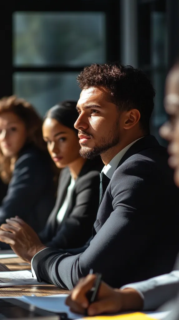 A man in a black suit sits at a table, listening intently. Two other people sit beside him, also in suits. The man has a thoughtful expression on his face, and his eyes are focused on something off-camera. The table is covered in papers, and a pen is lying on the surface. The image conveys a sense of professionalism and focus. The light from the window creates a contrast between the bright light and the shadows.