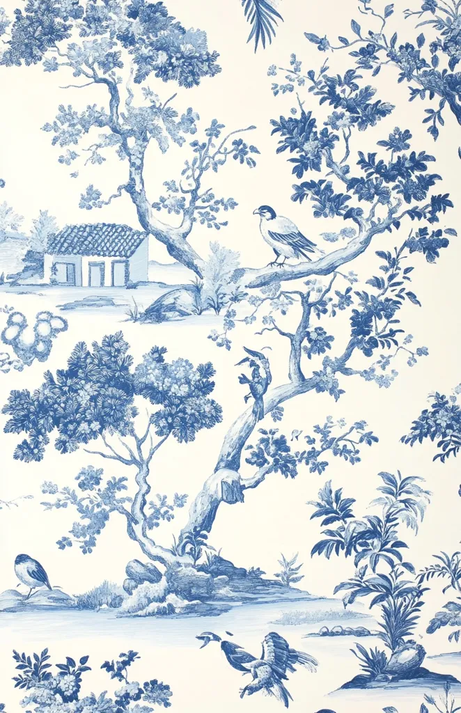 The image depicts a blue and white toile pattern. The background is white and the pattern features blue trees, flowers, a small house, and birds. The trees have intricate branches and leaves, and the birds are perched on the branches or flying in the air. The pattern is a classic toile design, with a romantic and elegant feel. It would be perfect for wallpaper, fabric, or home decor.  The details are realistic and intricate, suggesting a skilled artist created the design.