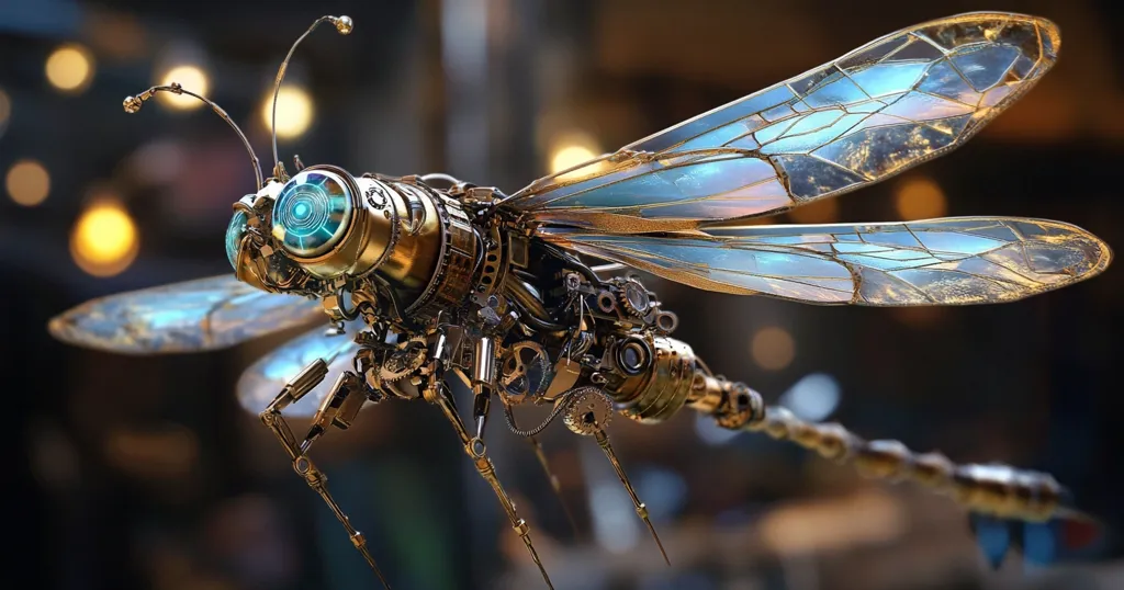 A steampunk dragonfly made of metal gears and intricate designs with a large blue iridescent wingspan. The dragonfly is in focus, with a blurred background of warm lights, creating a captivating image of an imaginative and detailed mechanical insect.