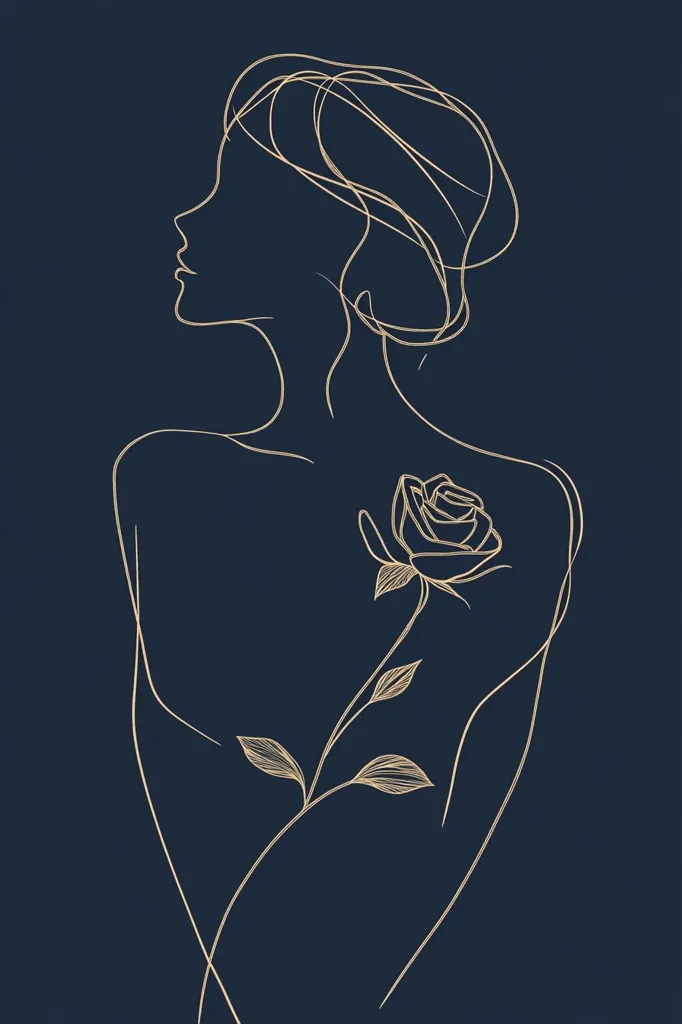 The image is a minimalist line drawing of a woman's profile with a single rose behind her shoulder. The lines are thin and delicate, creating a sense of elegance and simplicity. The woman's hair is drawn in a flowing, abstract style, adding to the overall sense of movement and grace. The rose is depicted in a simple, stylized way, with its petals and leaves gracefully curved. The image is set against a dark blue background, which creates a sense of contrast and depth. Overall, the image evokes feelings of beauty, femininity, and serenity.