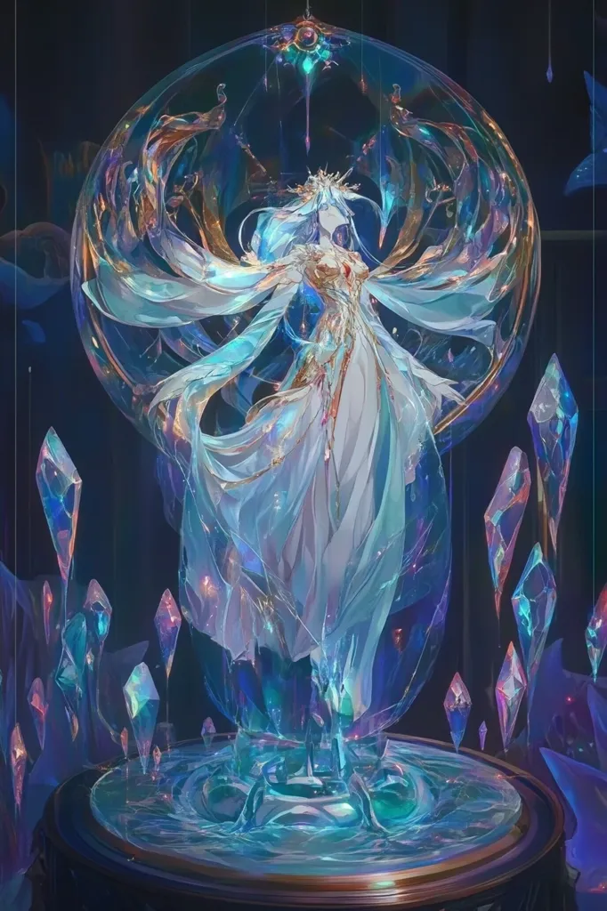 A ethereal figure, adorned in a shimmering white dress, is trapped within a giant, iridescent bubble. The figure's long, flowing hair and delicate features are illuminated by a soft, ethereal glow. The bubble is suspended above a circular platform, which is surrounded by numerous crystals that emit a faint blue light. The entire scene is bathed in a cool, mystical light.  The air is thick with magic and mystery.  This image is a visually stunning example of fantasy art.