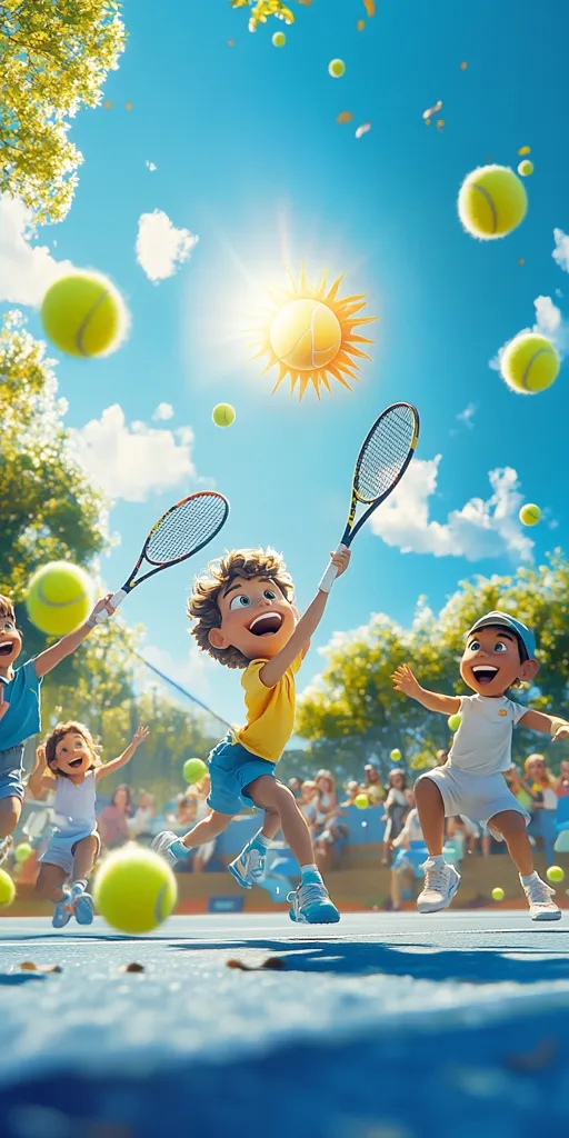 Three cartoon children play tennis on a bright, sunny day. The boy in the yellow shirt swings a tennis racket as he leaps in the air. A girl with blonde hair runs across the court as a ball flies towards her. The boy in white chases the ball with a happy smile.  A crowd of spectators cheer from the sidelines.  The sky is blue with fluffy white clouds. The scene is full of energy and fun.