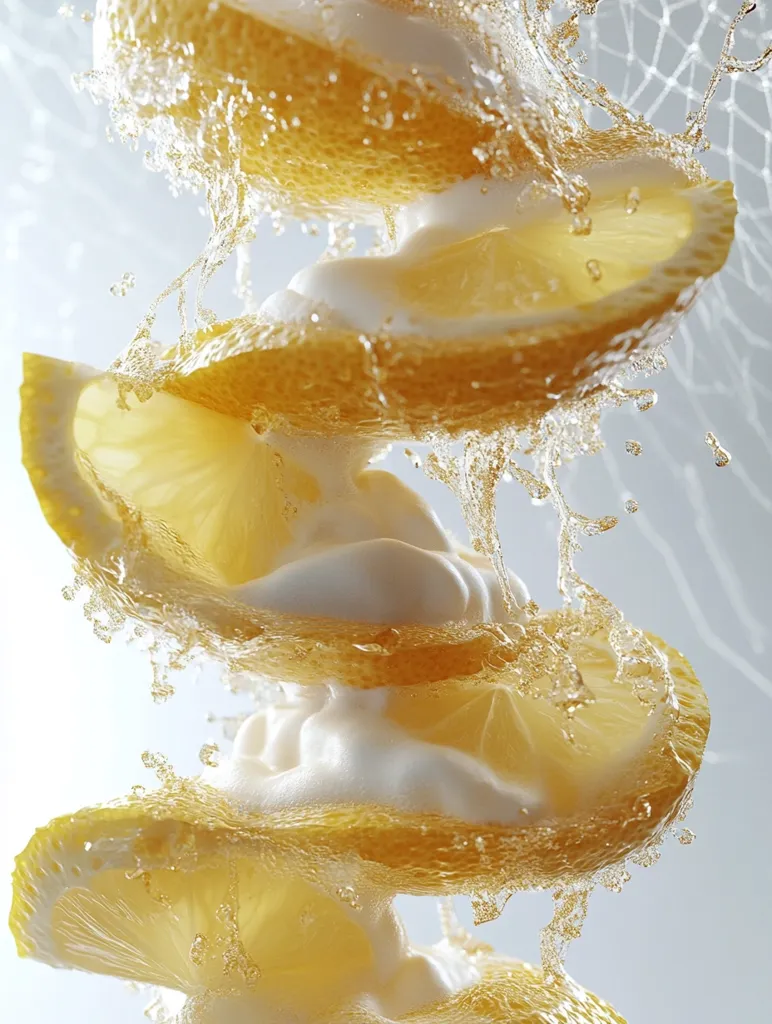 A stack of lemon slices are drenched in water. The water is splashing and creating a beautiful, dynamic image. The lemons are bright yellow and the water is clear. The background is a soft, white. The image is a study in contrasts, light and dark, wet and dry.