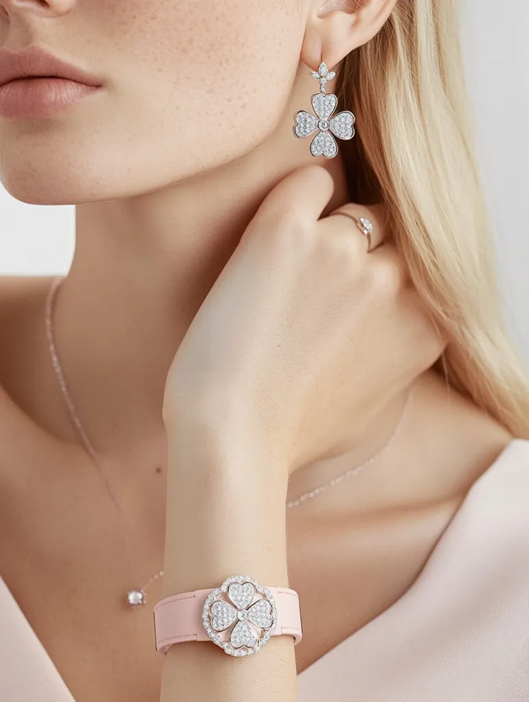 A woman with long blonde hair wears a pink diamond clover-shaped bracelet on her left wrist. She also wears matching diamond clover-shaped earrings and a delicate diamond necklace. The woman's skin is fair and her lips are lightly colored. Her expression is soft and serene.  The image is clean and simple, focusing on the elegance of the jewelry.