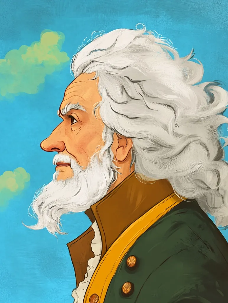 The image depicts a man with long, flowing white hair and beard. He is dressed in a green jacket with a gold trim and a white shirt. He is facing the right side of the frame, his gaze directed towards something off-screen. The background is a sky with two fluffy white clouds, suggestive of a calm and serene environment. The man's expression is thoughtful, hinting at a story yet to be told.
