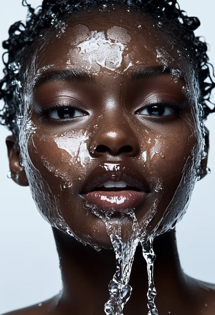 A close-up portrait of a young woman with dark skin and curly hair. Her face is wet, with water cascading down her chin and neck. Her eyes are closed, and her lips are slightly parted, as if she is enjoying the sensation of the water. The image is evocative of freshness and purity.