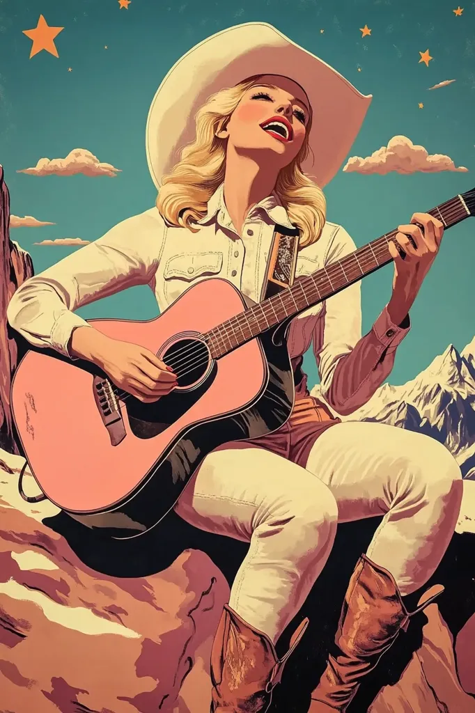 A woman in a cowboy hat and white pants sits on a rock and plays a pink acoustic guitar. She is singing with her head tilted back. The background is a blue sky with clouds and stars. The image is a vintage style illustration.