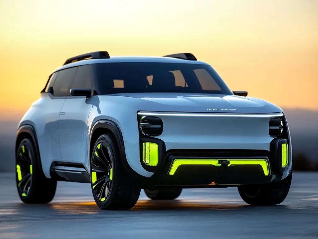 A white, futuristic-looking SUV with a black roof rack and blacked-out wheels stands on a paved surface. The car has a sleek, modern design with sharp lines and a prominent front grille. It features bright yellow accents around the headlights and grille, adding a touch of sportiness. The background shows a blurred sunset sky, emphasizing the car's modern appeal.
