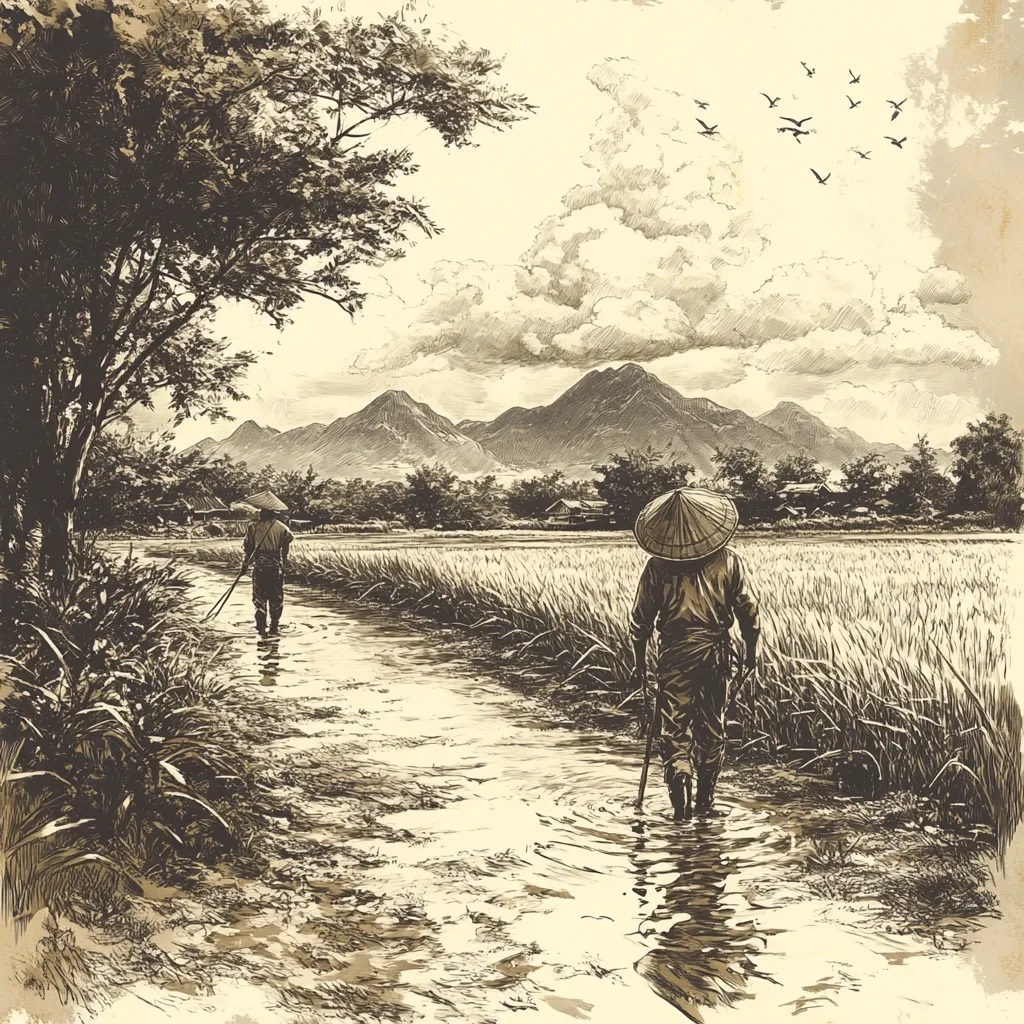 The image is a black and white sketch of two figures walking through a flooded paddy field. One figure is in the foreground, wearing a traditional conical hat and carrying a staff. The other figure is in the distance, walking along the bank of the field. The background shows a village nestled amidst rolling hills and a cloudy sky. The overall atmosphere is peaceful and serene.