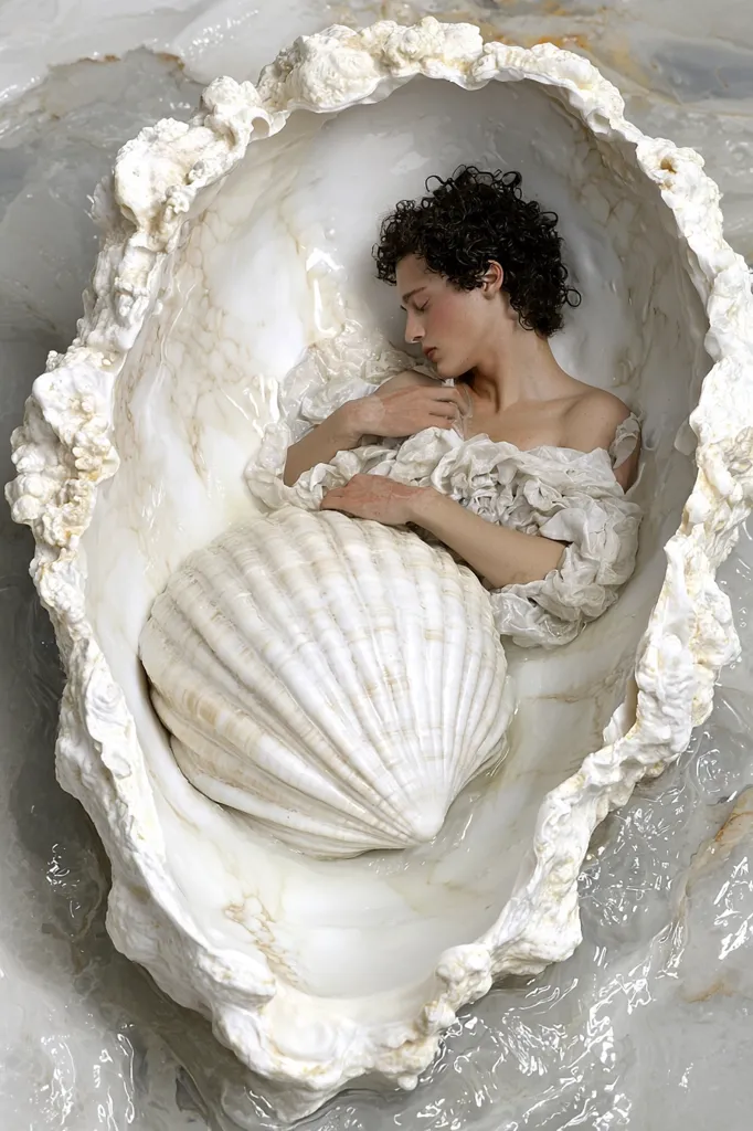 A young woman with dark hair sleeps peacefully inside a large, pearly white seashell. The shell is nestled within another, even larger seashell, creating a sense of safety and tranquility. The image is bathed in soft, ethereal light, creating a dreamlike atmosphere. The woman's delicate features and flowing white dress add to the feeling of innocence and serenity.