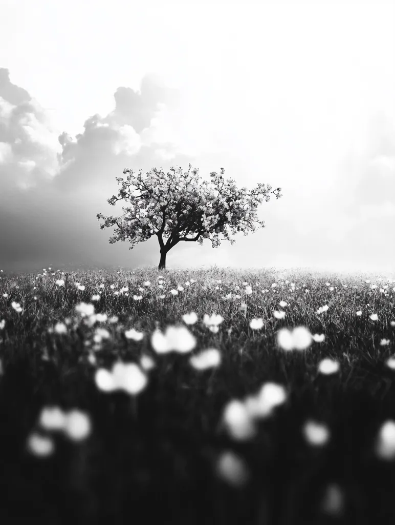 The image is a black and white photograph of a solitary tree standing in a field of wildflowers. The tree is silhouetted against a cloudy sky, and the field is filled with delicate, out-of-focus blossoms. The image evokes a sense of peace and tranquility, with the soft light and muted tones creating a dreamy atmosphere. The lone tree stands as a symbol of resilience and hope, amidst the vastness of the field and the cloudy sky.