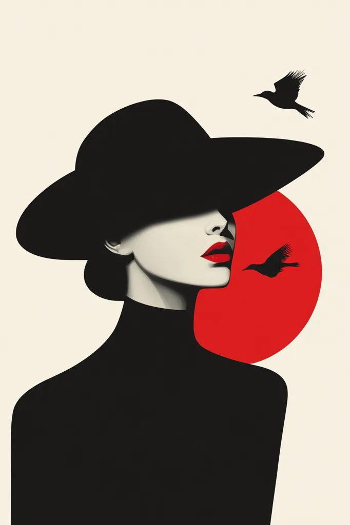 The image features a woman with a wide brimmed black hat, her face obscured by the shadow of the hat.  She is wearing a black turtleneck and her red lips are visible. Behind her, a large red circle dominates the background, with two small black birds flying above. The image is minimalist and has a strong graphic style.