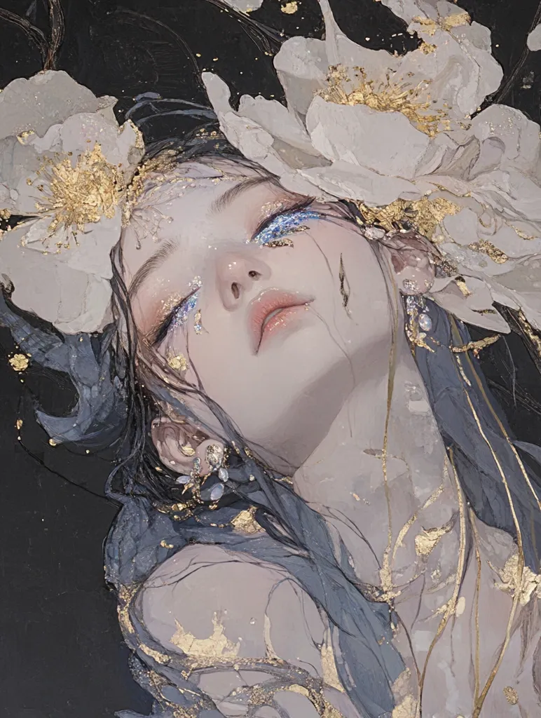 The image depicts a young woman with long dark hair, her face adorned with glittering blue eyeshadow and a delicate gold leaf pattern. She appears to be laying down with her eyes closed, surrounded by large white flowers with golden accents. The overall mood is ethereal and dreamy, suggesting a sense of peace and tranquility. The use of gold and white creates a luminous and elegant feel, hinting at a magical or spiritual element.