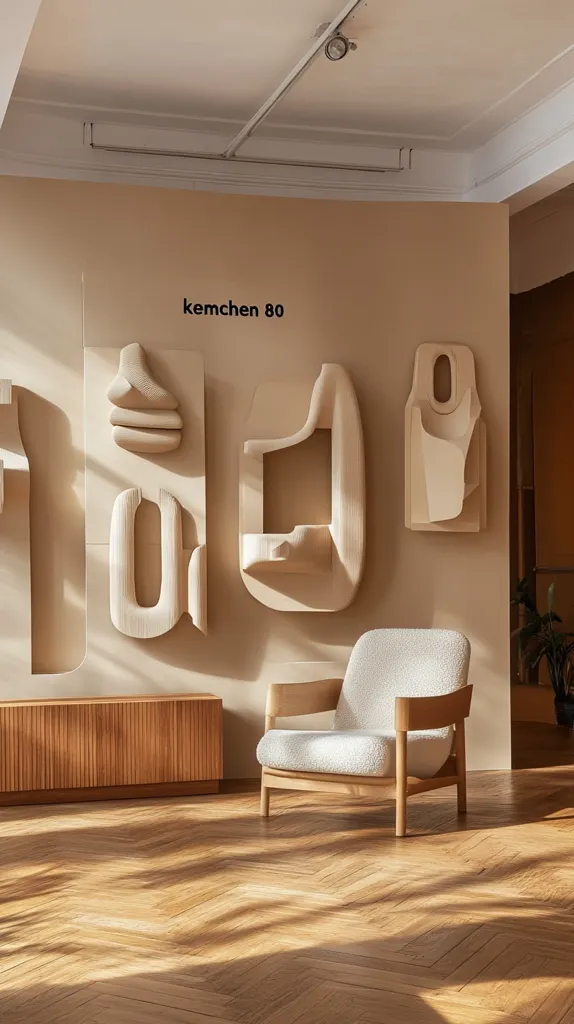 The image shows a modern living room with a light color scheme. A large white armchair with wooden legs sits in the center of the room. The walls are a light beige and adorned with three abstract sculptures made from white material. A wooden cabinet sits underneath the sculptures. The room has a light wood herringbone pattern floor, and sunlight streams through the windows, casting warm shadows. The overall atmosphere is calm and serene.