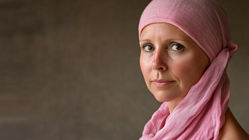 A woman with fair skin and short brown hair is wearing a pink headscarf. She has a soft expression and her eyes are looking off to the side. The background is a muted brown color. The image is in focus and well-lit.  The subject is likely facing a challenging situation as the photo seems to reflect a sense of strength and resilience.