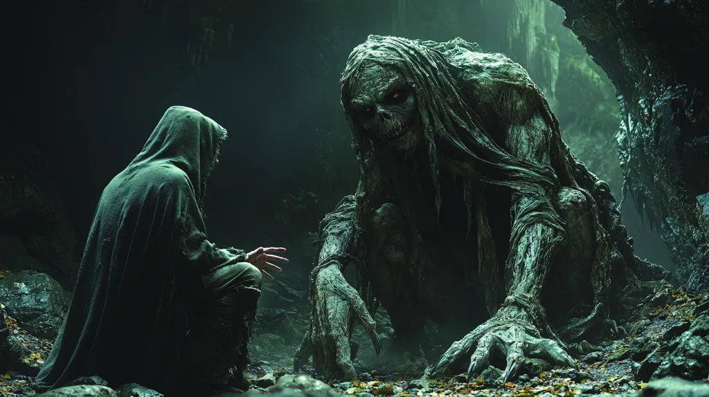 A hooded figure sits on the forest floor, facing a large, grotesque creature with glowing red eyes. The creature is covered in green, moss-like skin and has long, gnarled fingers. The scene is dark and atmospheric, with the only light coming from the creature's eyes. The hooded figure appears to be in awe of the creature, or perhaps even fear.