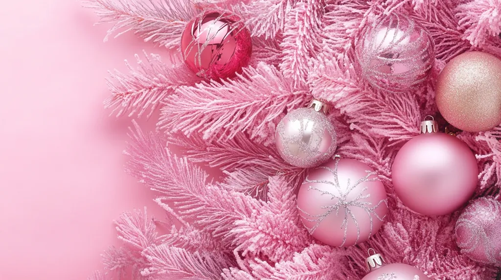 Pink Christmas tree branches are adorned with a variety of pink, white, and gold ornaments. The ornaments are shiny and sparkly, and the branches are covered in a delicate layer of snow. The background is a soft pink, creating a festive and whimsical atmosphere.  The image is a close-up, capturing the intricate details of the ornaments and branches.