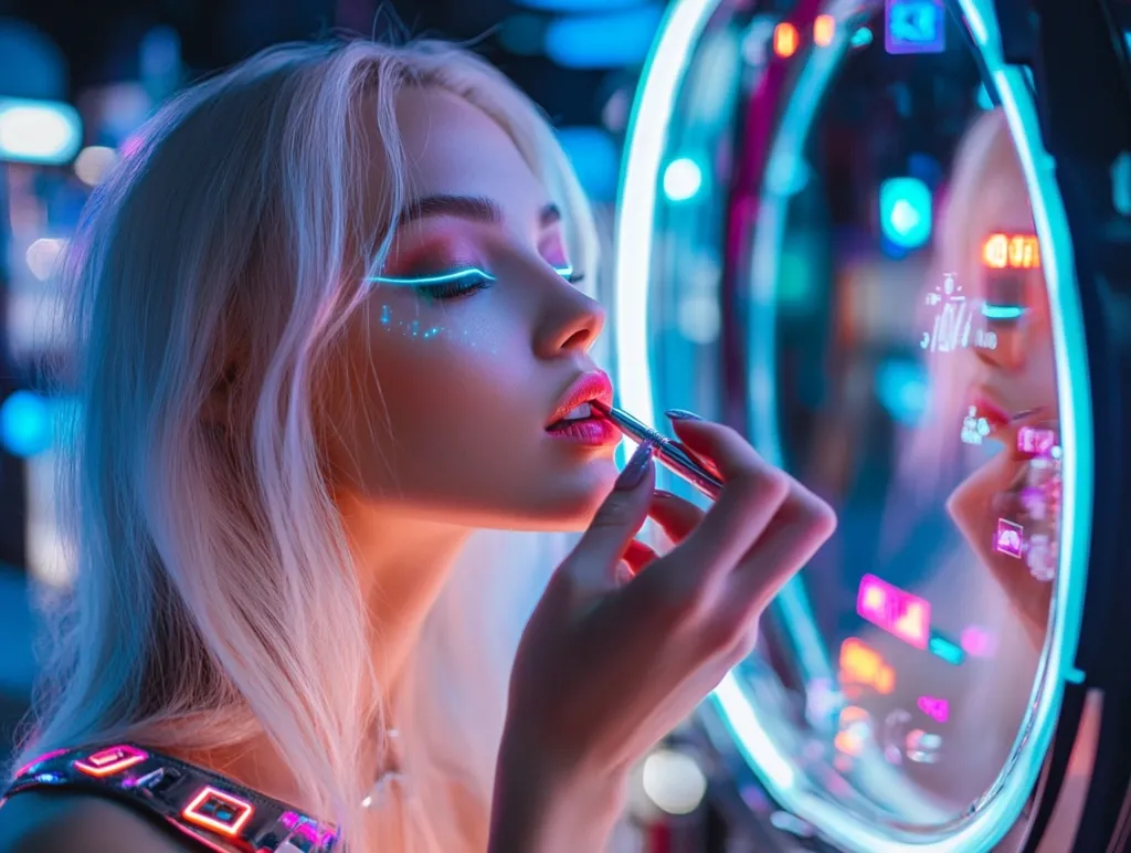 A woman with platinum blonde hair and glowing blue eyeliner applies lipstick in front of a futuristic circular mirror.  The mirror's frame and reflection are brightly lit with neon colors, creating a vibrant and futuristic aesthetic.  Her reflection is visible, creating a symmetrical composition. The image evokes a sense of technology and fashion.