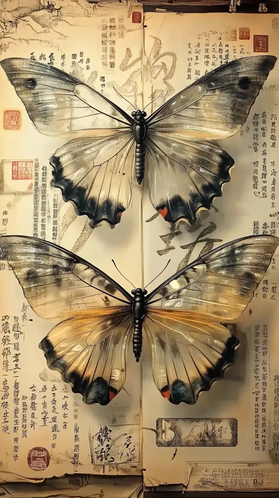 Two delicate butterflies are mounted on a page of an old, worn book. The book is filled with elegant calligraphy in black ink and has red stamps on it. The butterflies have intricate, intricate wing patterns with black and white markings. They appear to be specimens collected for study, a testament to nature's beauty and the human desire to understand it. The image evokes a sense of curiosity, history, and the fragility of life.