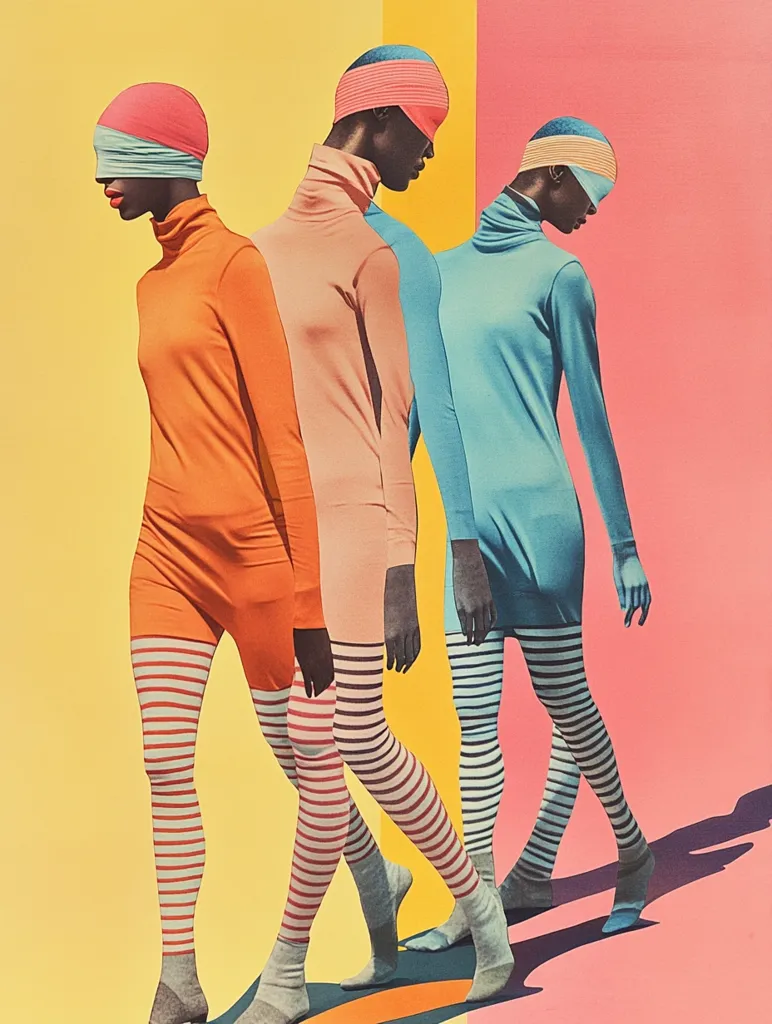Three women in colorful, patterned clothing and headbands walk in a line across a bright yellow and pink background. The woman in the front is wearing a bright orange long-sleeved top with white and red striped leggings. The woman in the middle is wearing a pink long-sleeved top with white and red striped leggings. The woman in the back is wearing a blue long-sleeved top with white and red striped leggings.