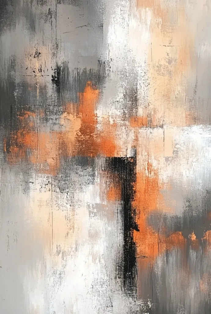The image is an abstract painting with a mix of colors. It is composed of mostly gray and white hues, with pops of orange throughout the painting. There is a darker vertical stripe in the center of the painting that bisects the abstract shapes. The paint is applied in thick, textured strokes, creating a sense of depth and movement. The overall effect is one of energy and dynamism.