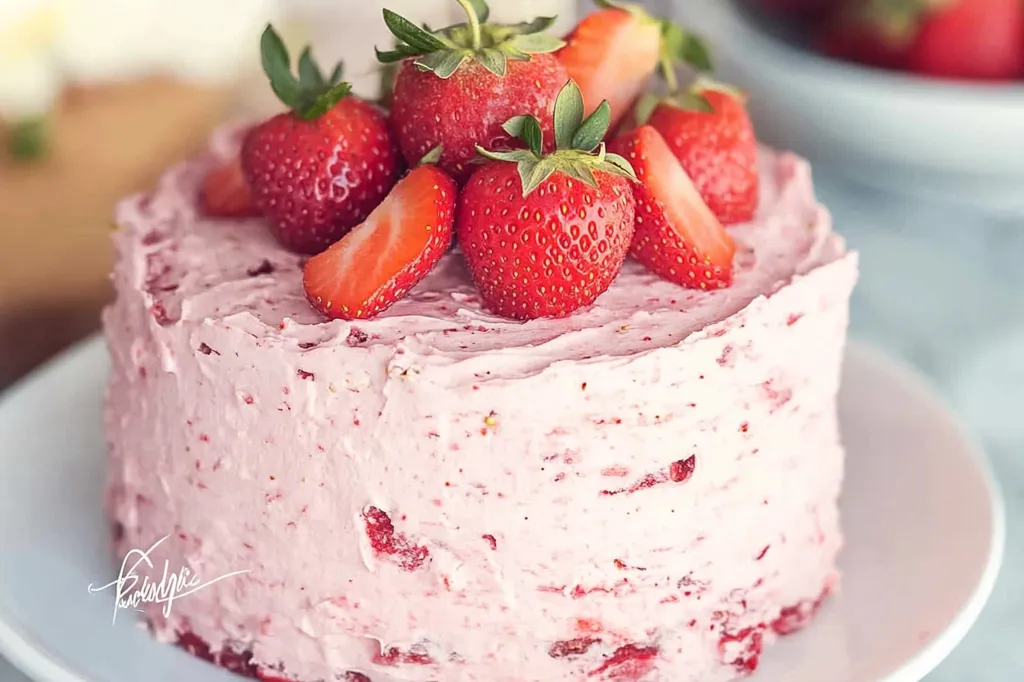 A round, pink cake with a white frosting is topped with fresh strawberries. The cake is sitting on a white cake stand. There is a white plate in the background. The cake looks delicious.