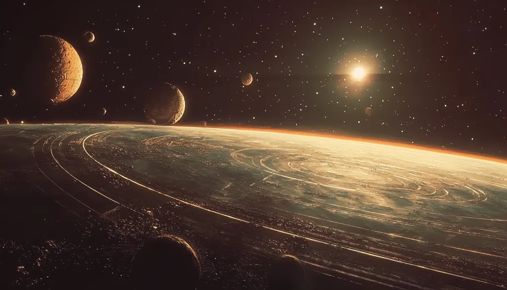 A celestial panorama reveals a vast, ringed planet in the foreground, with multiple moons and a bright, distant sun illuminating the scene. The planet's surface is marked by swirling patterns of light and dark, suggesting a dynamic atmosphere. A scattering of stars punctuates the dark expanse of space, creating a sense of awe and wonder. The image evokes a feeling of vastness and cosmic beauty.