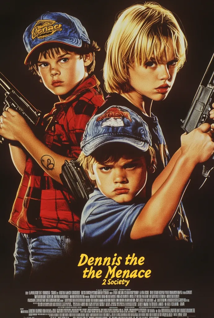 The poster features three young boys holding guns, looking serious and determined. The boy in the center is holding a gun behind his back, while the boy on the left holds a handgun and the boy on the right holds a rifle. They are all wearing casual clothing, including baseball caps. The poster title, "Dennis the Menace 2: Society," is displayed in yellow at the bottom. The image has a slightly vintage and gritty feel.